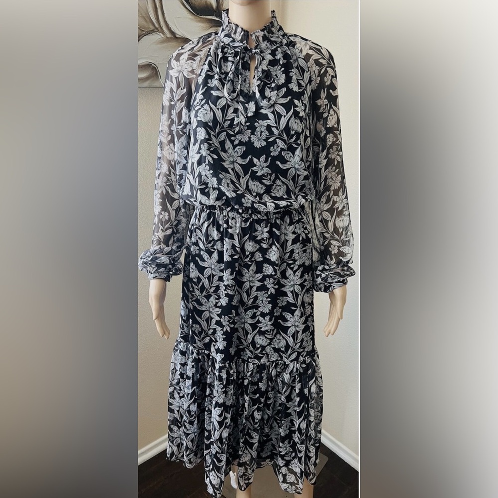 Ralph Lauren Black Floral Print Maxi Long Sleeve Ruffle Choker Dress size 6